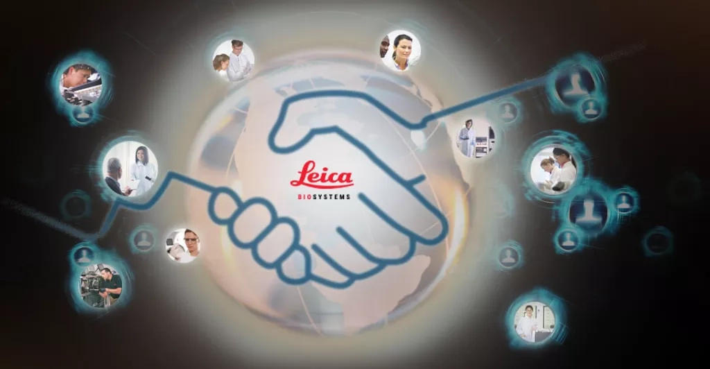 Leica Biosystems Trusted Partnership. Handshake in the middle with images of lab workers
